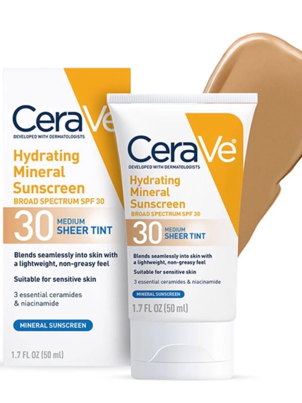 CeraVe Tinted Hydrating Mineral Sunscreen Lotion SPF 30 for Face with Sheer Tint